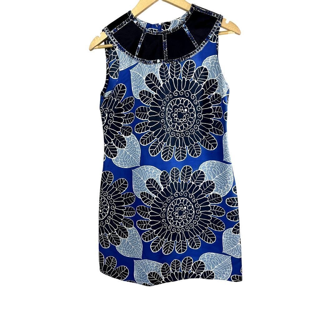 TORY BURCH Women's Silk Beaded Floral Sleeveless Shift Dress Blue Size 4